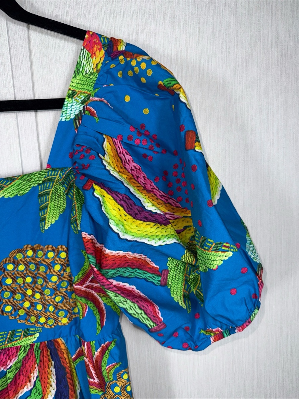 Farm Rio S Pineapple Dress Puff Sleeve Floral Tiered Midi Anthropologie Blue - Picture 3 of 10